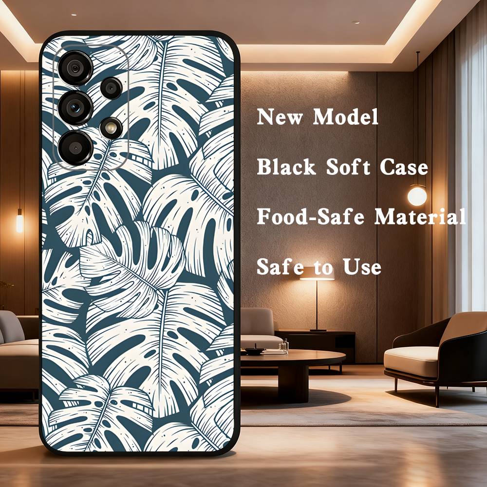 Handyhülle mit Palmenblatt-Motiv für Samsung Galaxy A73, 31, 32, 72, 41, 53, 52, 71, 22, 5G, Note, J7, 8, 9 – Weiche, schwarze Hülle