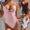 Women Swimsuit Solid Color One Piece Beachwear Padded Underwire Drawstring Swimwear for Swimming