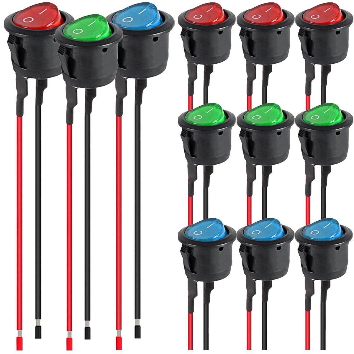 MKBKLLJY 12pcs 20mm Red/Blue/Green LED Round Rocker Switch SPST 2Pin On/Off Snap-in Design Mini