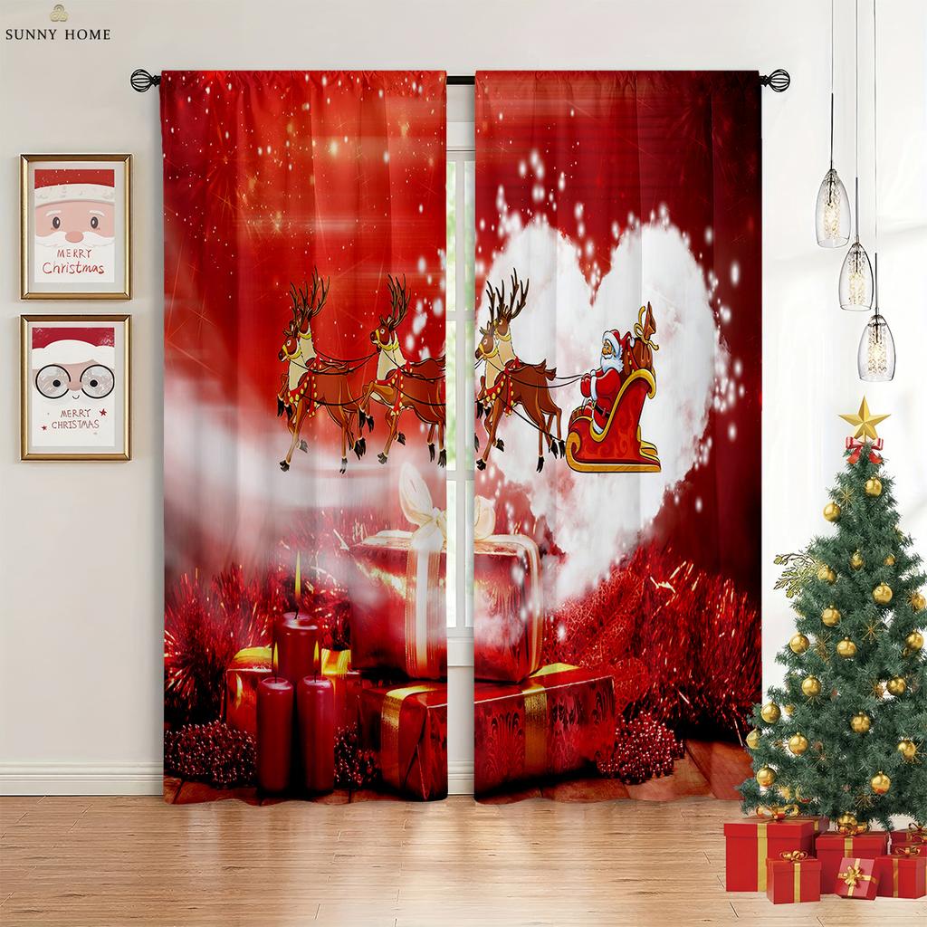 Merry Christmas Elk Red Vintage Print Curtains 100% Polyester Bedroom Living Room Holiday Party Decorative Curtains 2pcs