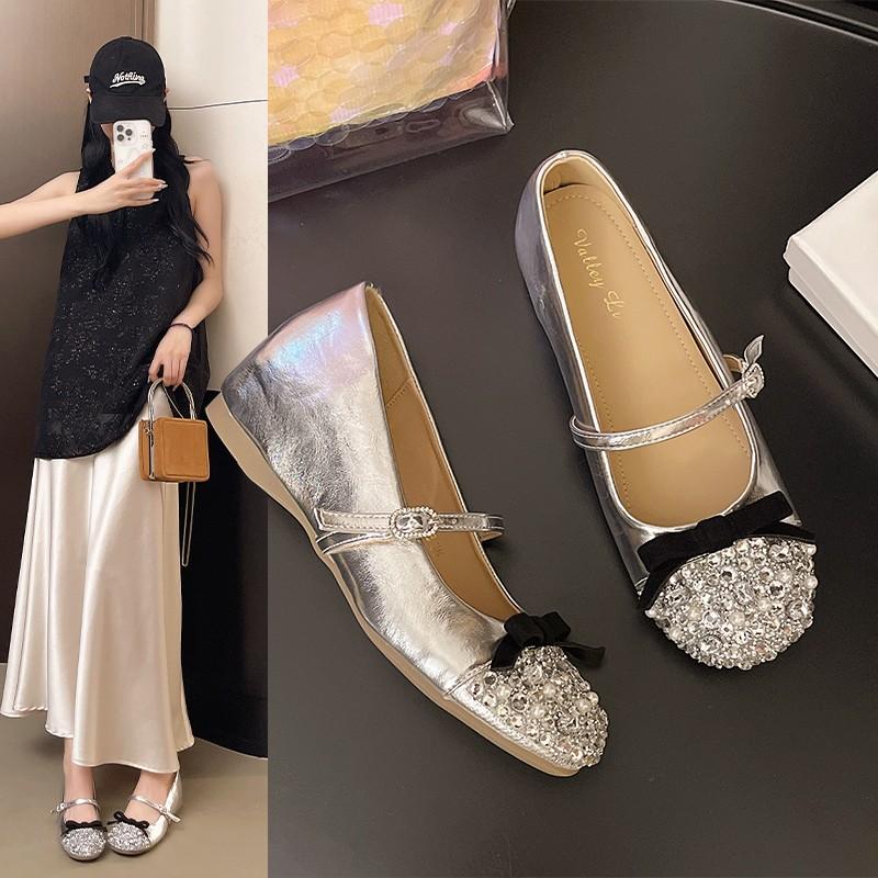 

Fashion 2025 New Niche Round Toe Mary Jane Shoes One Buckle Strap Retro Single Shoes 40 серебряный