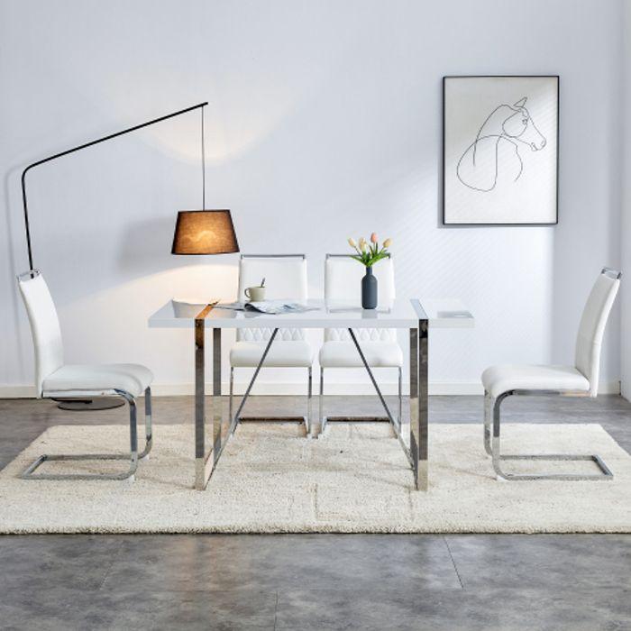 Chaise De Salle À Manger - Moderne - Lot De 4 - Simili-cuir PU Et Lin - Dossier Haut Rembourré - Blanc