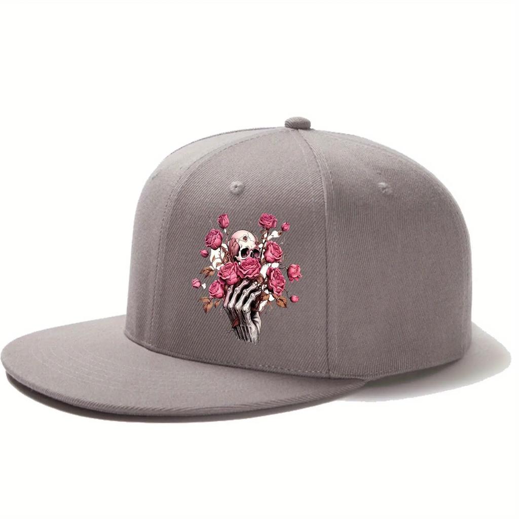 Skull and Roses Graphic Flat Brim Baseball Cap Polyester Adjustable HipHop Streetwear Hat Casual