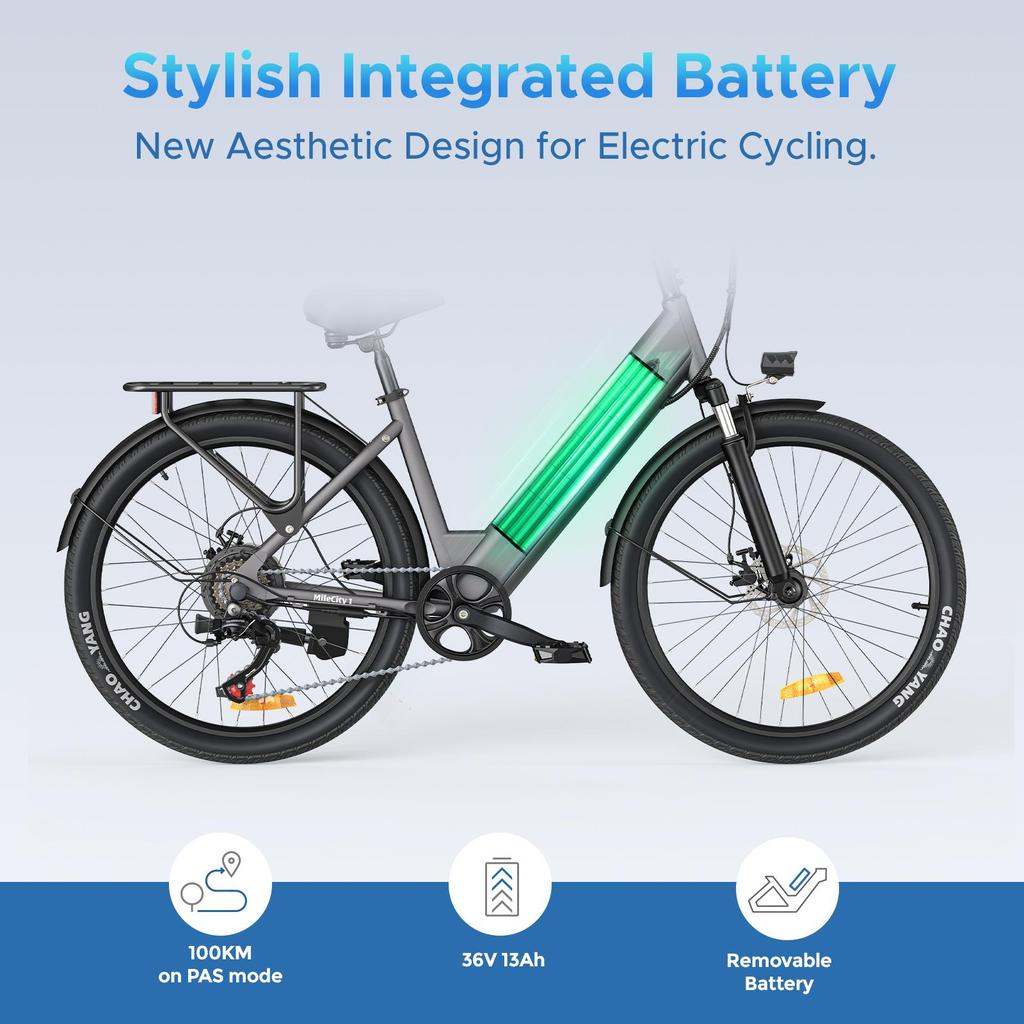 Hillmiles Milecity 1 Vélo Électrique Autonomie 80km Batterie Amovible 36V13Ah Moteur 250W Vélo Électrique de Ville 26 Pouces Vélotafeur Urbain EBike, Gris