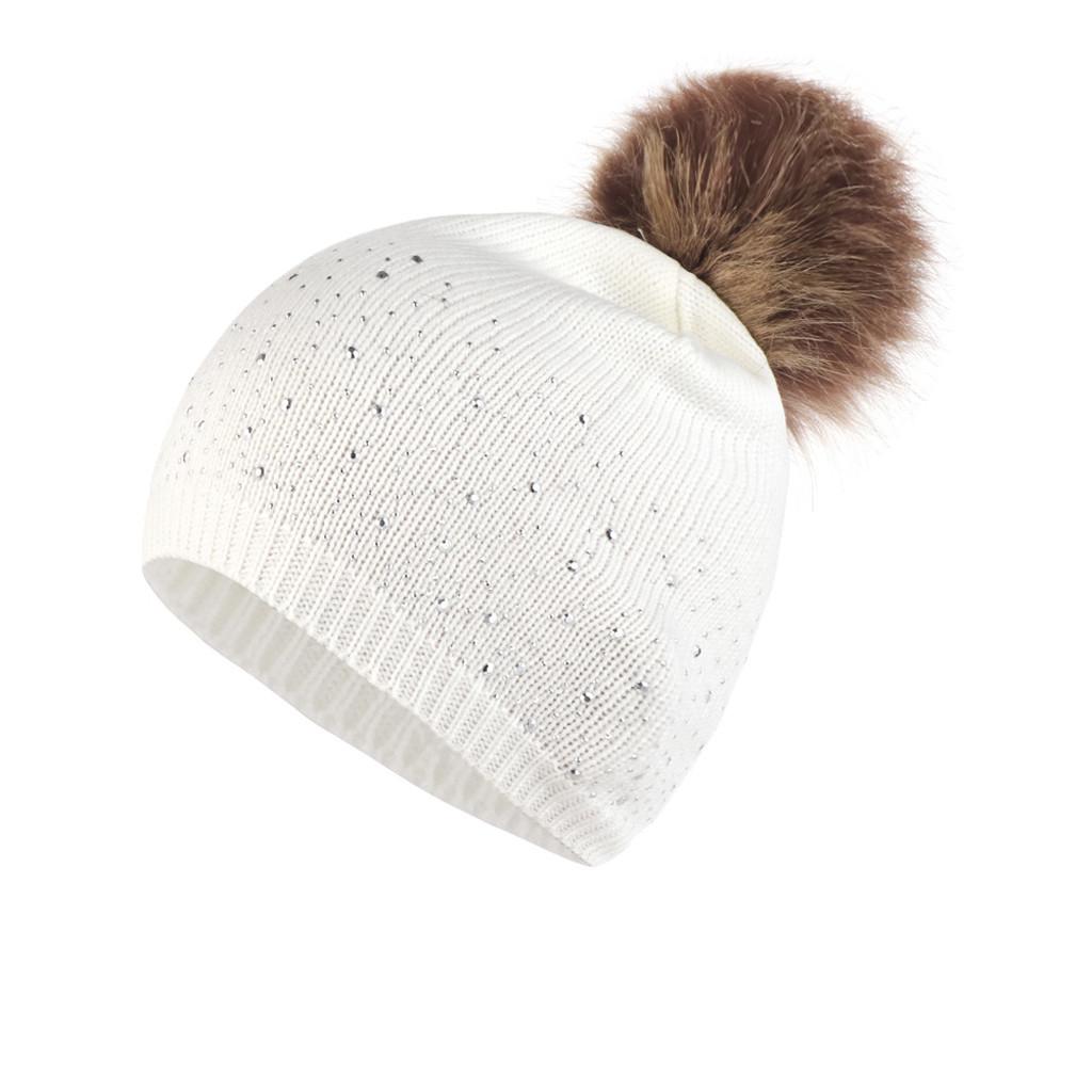 Fashion Women Knitting Wool Hemming Hat Rhinestone Keep Warm Winter Hairball Cap