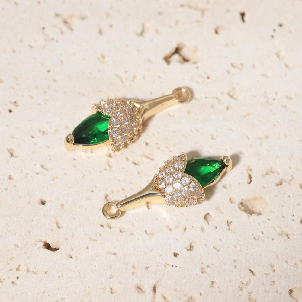 Copper Tulip Flower Charms with Green & Clear Zirconia, Golden Plated, 2pcs for DIY Jewelry Making