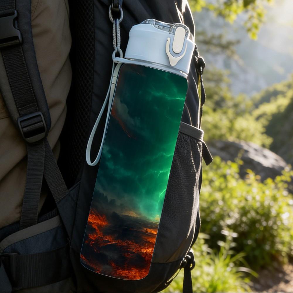 1PC Dark Sky Green Lightning Storm Print 750ml Color Plastic Sports Water Bottle Leakproof Flip Straw Lid Suitable for Sports Office Home Use