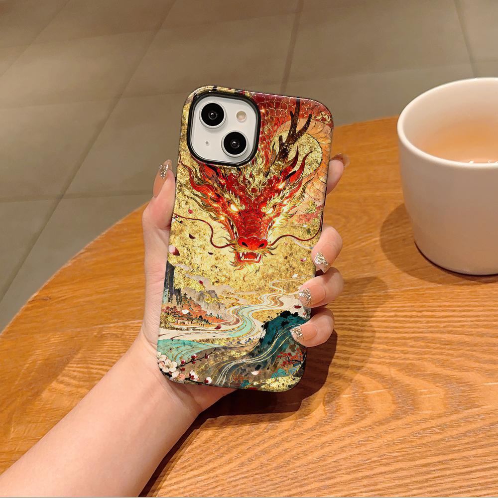 

Stylish Golden Dragon Kylin Printed 2 in 1 TPU+PC Phone Case for iPhone 16 15 14 Plus 13 12 11 Pro Max Mini XS Shockproof Cover iPhone17 Pro Max