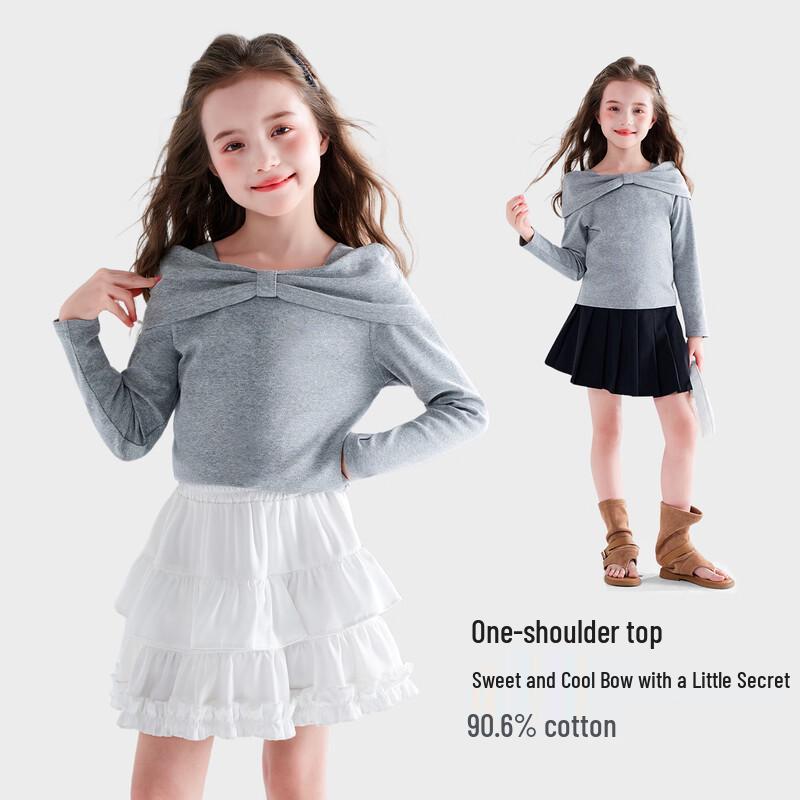 Girls  Cotton Bow Off-shoulder Long Sleeve T-Shirt 150