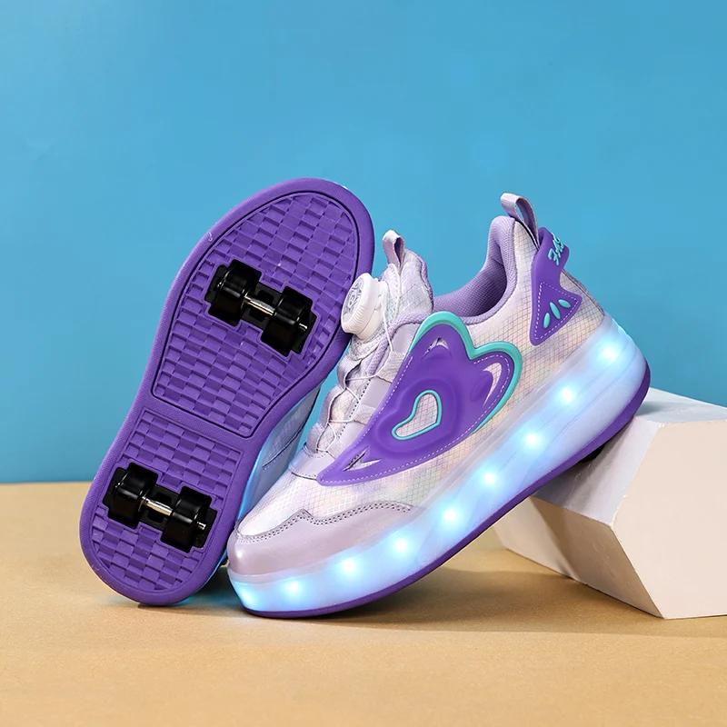 Çocuk Kaykay Ayakkabıları USB Işıklı Rahat Paten Spor Ayakkabısı Dış Mekan Spor Yürüyüş Kız Çocuklar İçin Pembe Paten Ayakkabısı