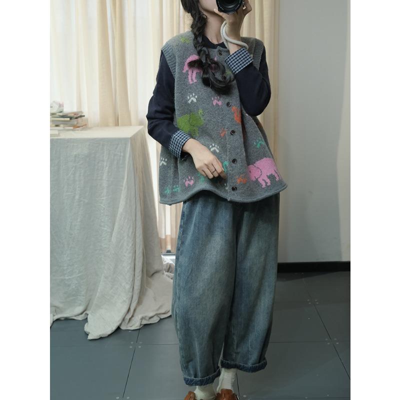 Dimanaf 2025 Women Sleeveless Buttons Autumn Vest Sweaters Style Printing  Knitting Casual Loose Sweater