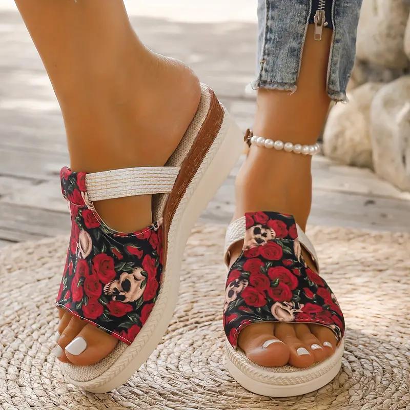 

Женские сандалии с принтом черепа, цветные плетеные шлепанцы на платформе для отдыха на море, пляжные шлепанцы на танкетке для Хэллоуина 43 красный