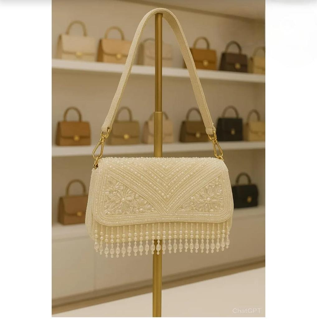 Handmade Beaded Bridal Clutch White Pearl & Sequin Evening Bag with Fringe Elegant Wedding Purse Handmade Party Bag Gift for Her
