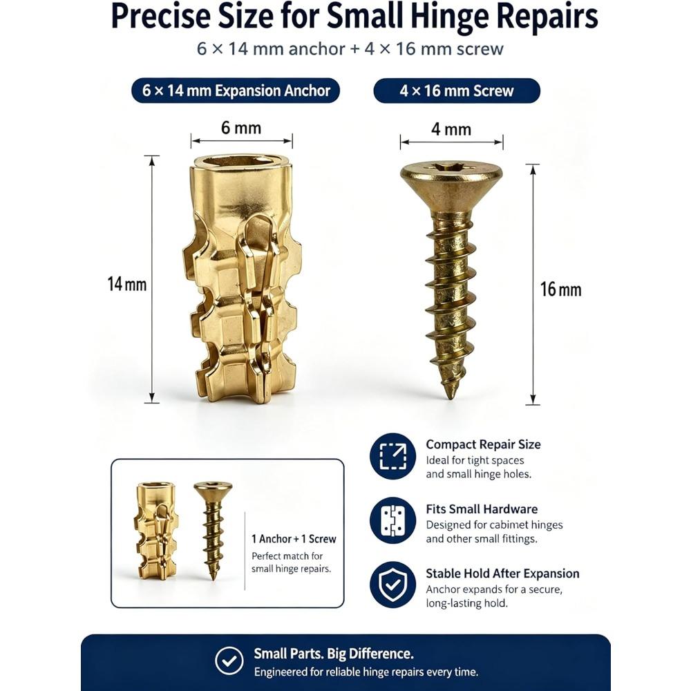 Hinge Repair Screw & Expansion Anchor, 6×14mm Short Expansion Screw Set for Cabinet Hinges, Wardrobe Doors, Wood Board, Tile and Furniture Repair (50)