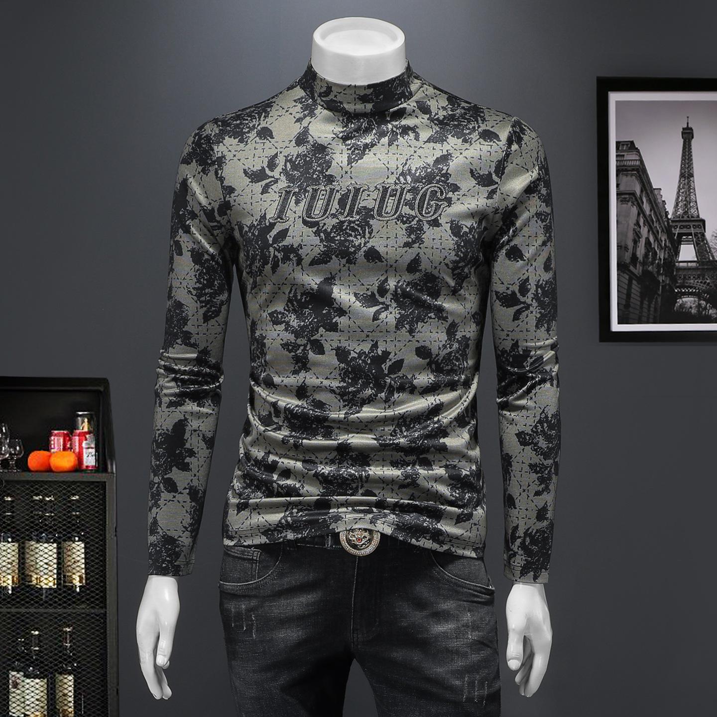 2025 European Winter Men s Slim Fit Floral High Neck Long-Sleeve T-Shirt XXL