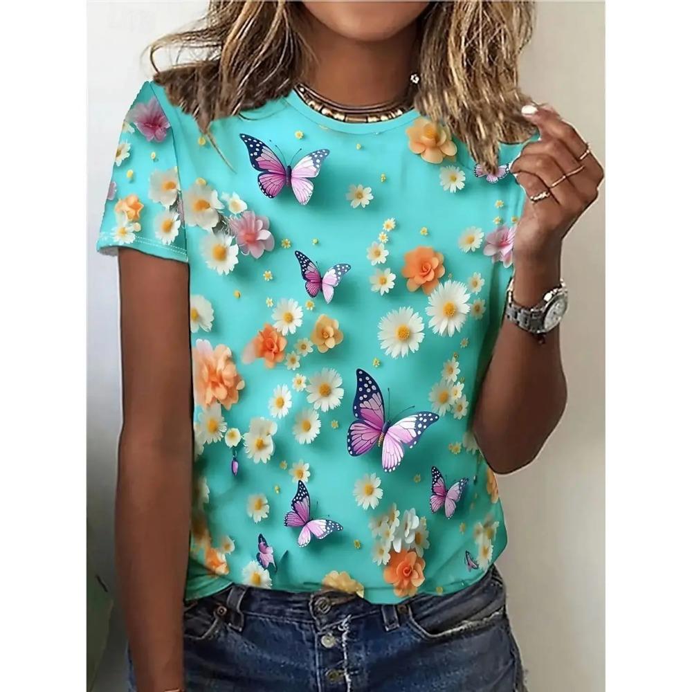 Floral Butterfly 3D Print T-Shirts Women's Casual Short Sleeve Round Neck T Shirt Street Harajuku Tees Y2k Tops Female Clothing