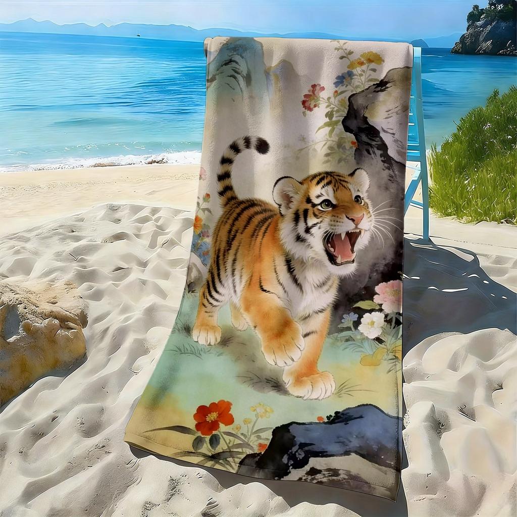 Cartoon-Tiger-, Blumen- und Felsmuster Polyester-Mikrofaser-Strandtuch ist sehr saugfähig, geeignet für Schwimmen und Strandausflüge