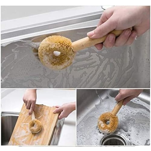 FTXJEHG Kitchen Scrubber, Palm Fiber Kitchen Brush with Handle, Dish Brush for Woks and Iron Frying Pans, Kamenoko Scrubber, Palm Fiber, Coconut Fiber