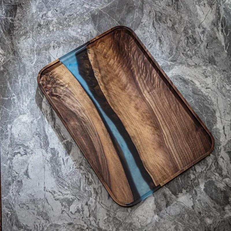 Black Walnut Resin Tea Tray Wooden Rectangular Tray Household Fruit Plate Solid Wood Small Tea Table Wooden Tray