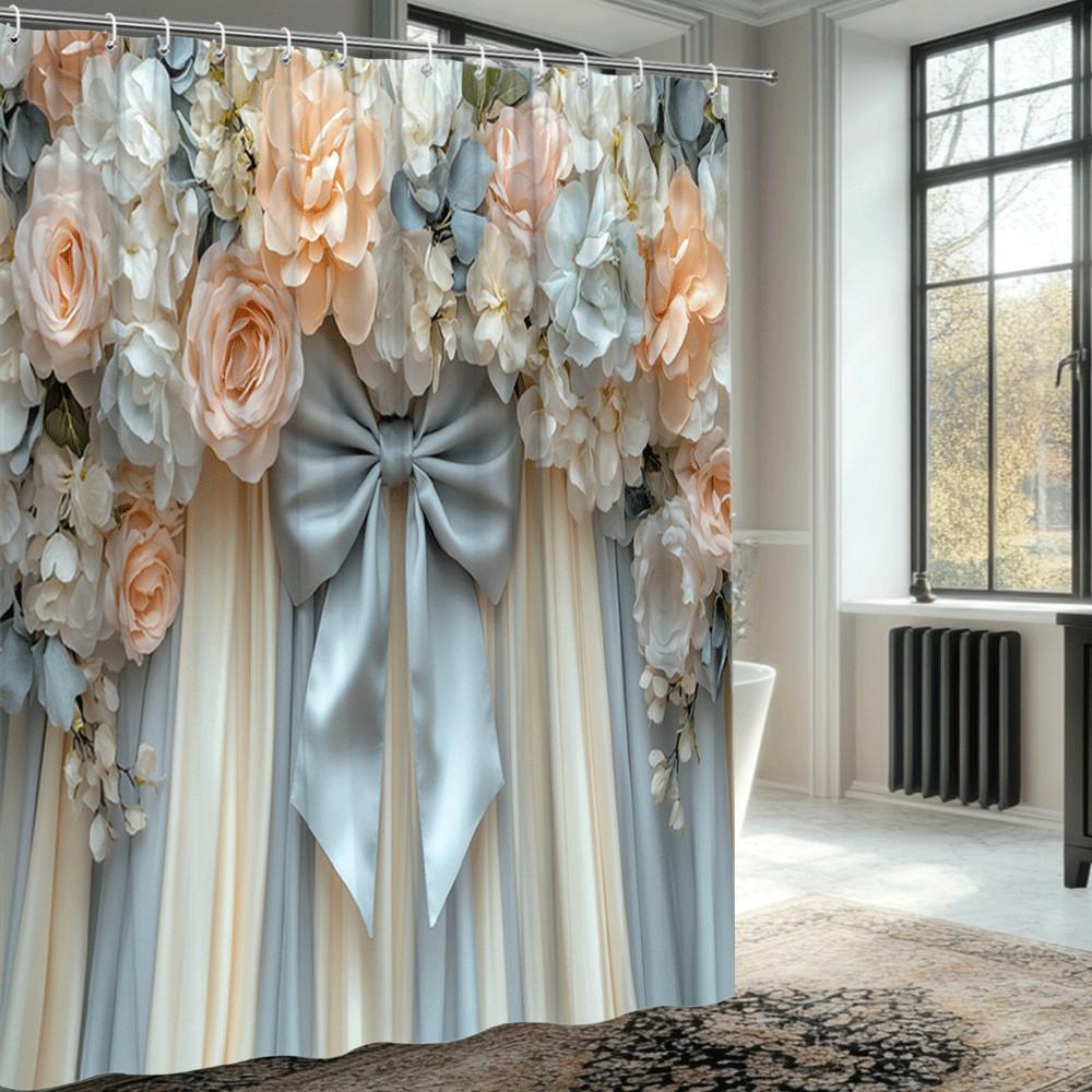 Romantic Floral Bouquet Shower Curtain Peach White Roses And Satin Bow Elegant Wedding Style Decor Waterproof Non-Toxic Material