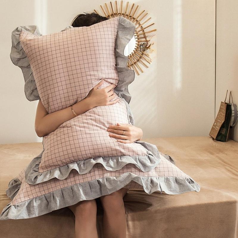 Washed Cotton Pillowcase Solid Color Lace Pillowcase Comfortable Breathable Single Adult Pillow Core Cover Family Dormitory Universal Pillow Case