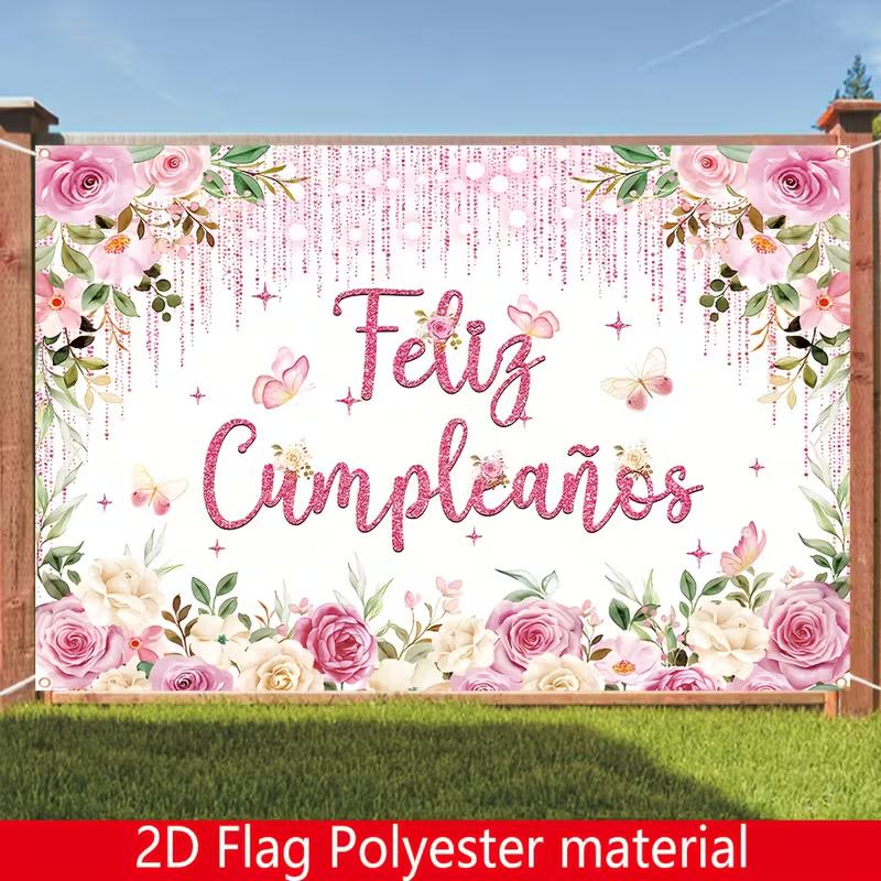 2D Spanish Birthday Wall Decor, Pink Rose Butterfly Feliz Cumpleaños Backdrop