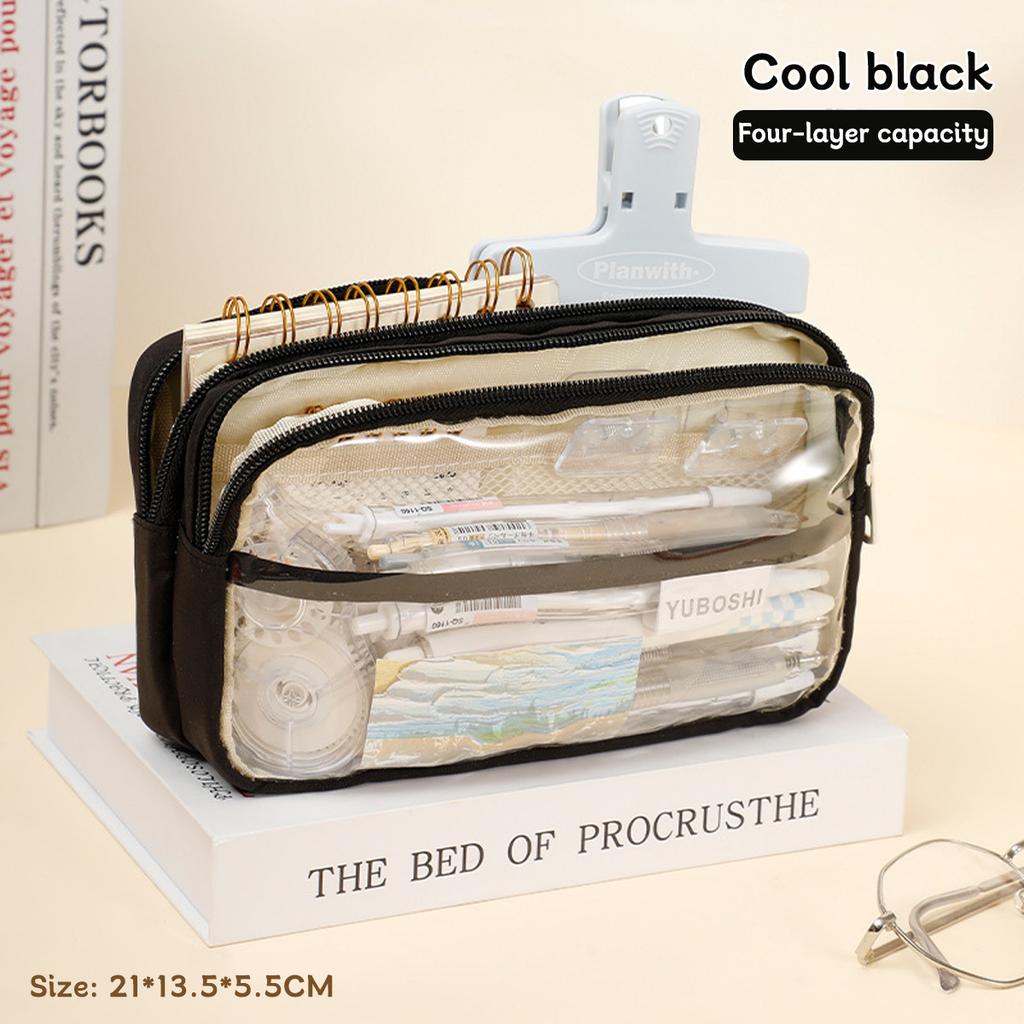 Transparente vierlagige Stiftetasche mit großer Kapazität Studenten-Schreibwaren-Aufbewahrungstasche Schulbürobedarf Schreibwaren