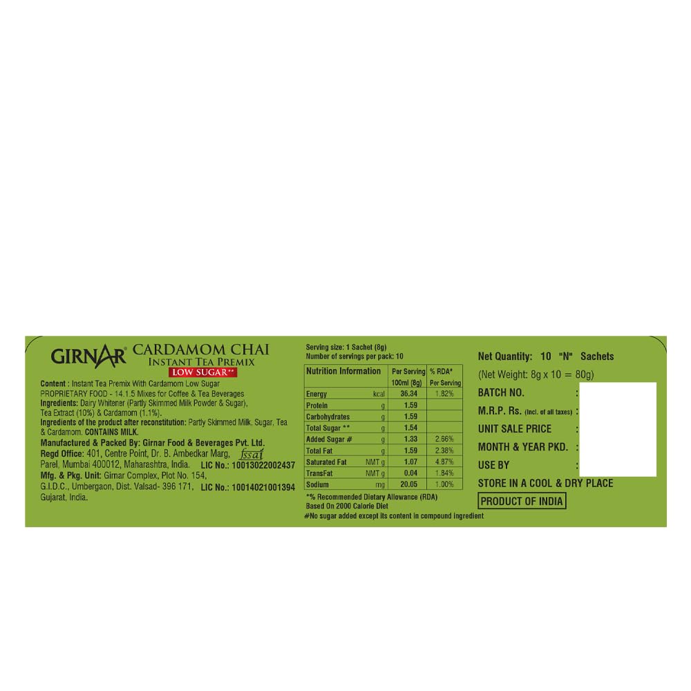 Girnar Instant Cardamom Tea Premix Low Sugar 10 Sachets Assam Caffeine Free Refreshing Beverage