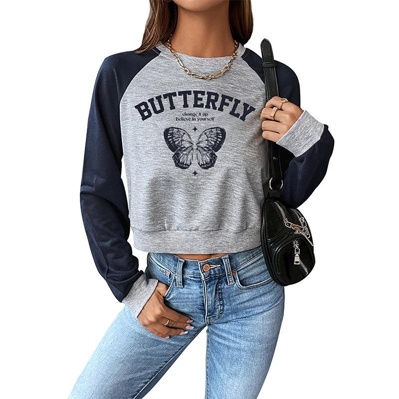 Camicetta da donna primaverile e autunnale Colorblocking Corto girocollo Pullover Top a maniche lunghe
