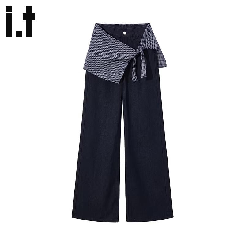 CHOCOOLATEit Faux Two-Piece Bandana Plaid Tie-Waist Wide-Leg Jeans S