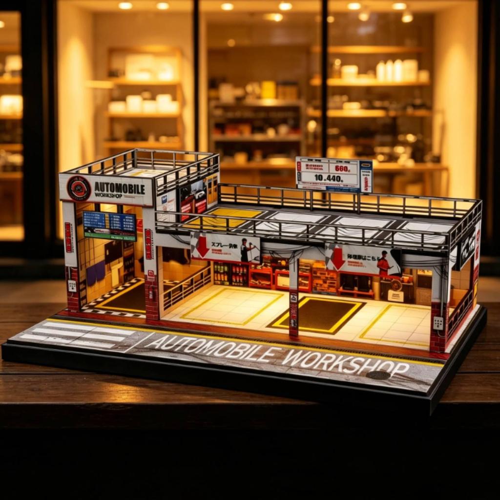 Miniature Parking Workshop 1:64 Scale DoubleLayer Model Rooftop Railings Garage Building