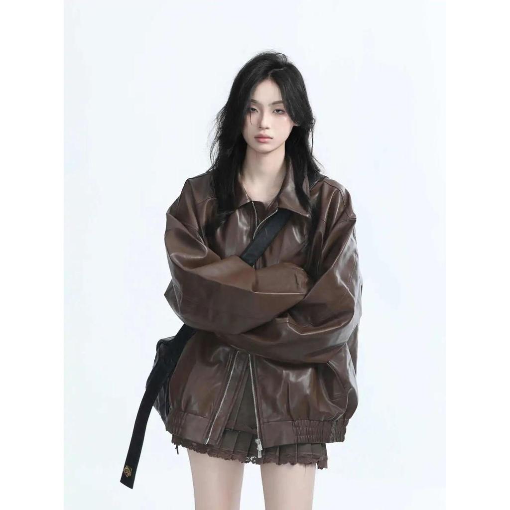 Autumn Winter Vintage Ladies Fashion Zipper Leather Jackets Long Sleeves Pure Colour Outwear Korean Aestheticism Harajuku Coats