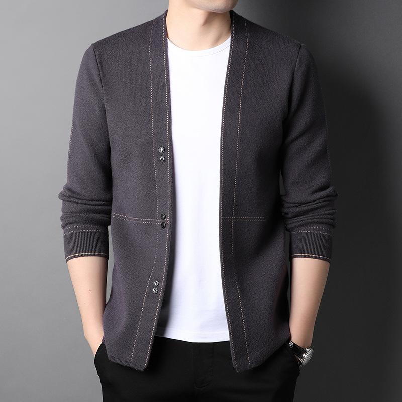 

Новый весенне-осенний новый тонкий мужской вязаный кардиган с V-образным вырезом, облегающий свитер, молодежная мужская модная повседневная вязаная куртка L серый