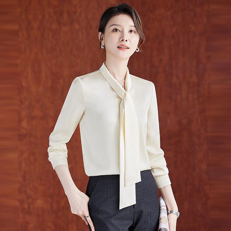 Women's Drapey V-Neck Ribbon Long Sleeve White Shirt - Professional Spring/Autumn Workwear Top