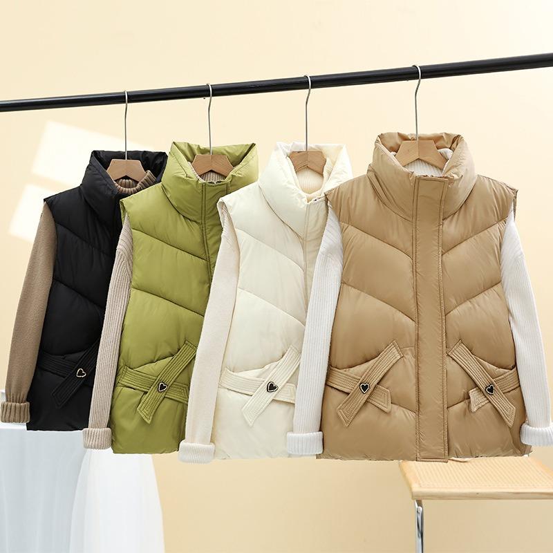 Down Cotton Vest Women's Outer Wear European Rhombus Fashion Pocket Zipper Cotton-padded Jacket Vest Autumn and Winter New