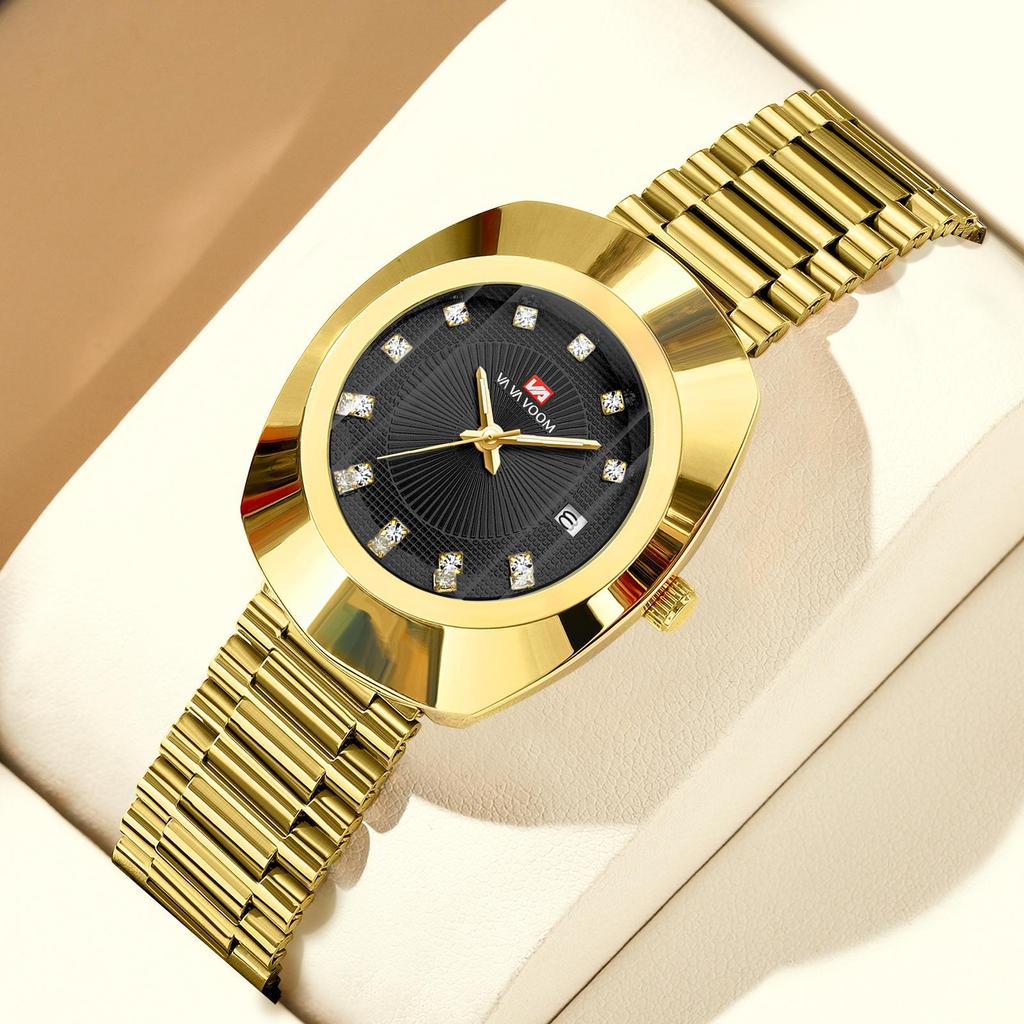 Gold Diamond-Set Waterproof Quartz Couple Watch with Steel Band