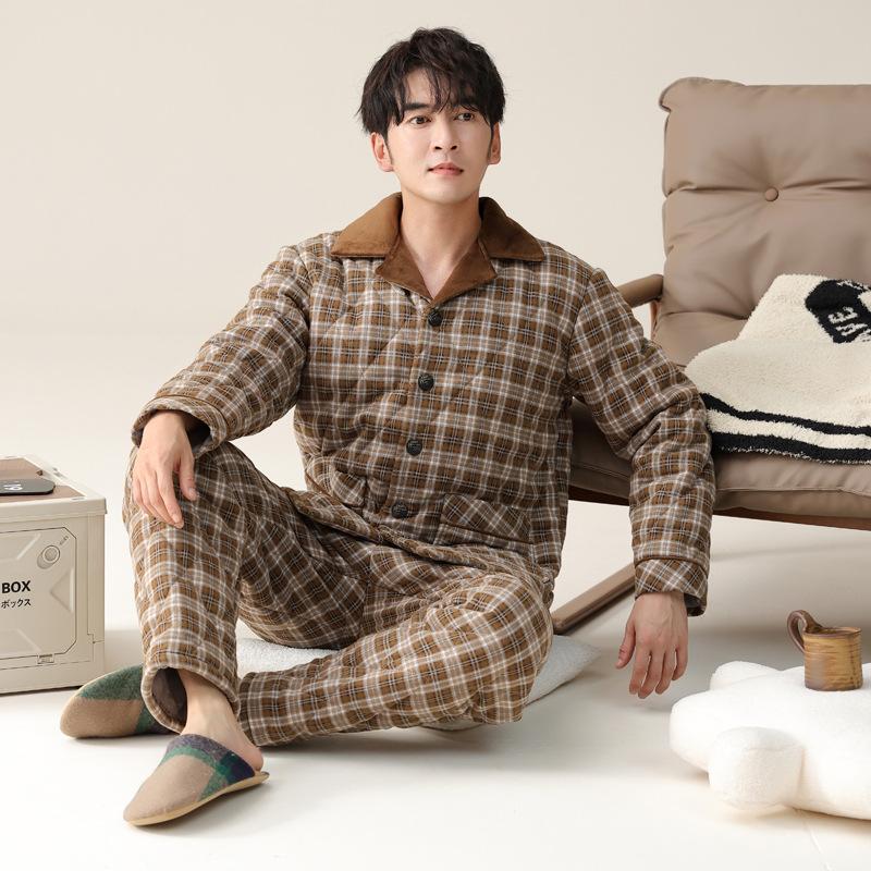 Pajamas Men'S Winter Three-Layer Pure Cotton Padded Thickened Fleece Warm Winter Coral Fleece Large Size Loungewear Set
