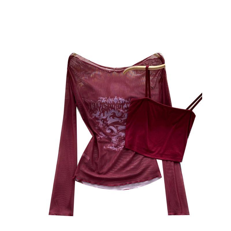 Stylish Bandage Dress Two-piece Set Women's Fashion off-the-Shoulder Long Sleeves Thin Print Mesh T-shirt + Bottoming Shirt Camisole