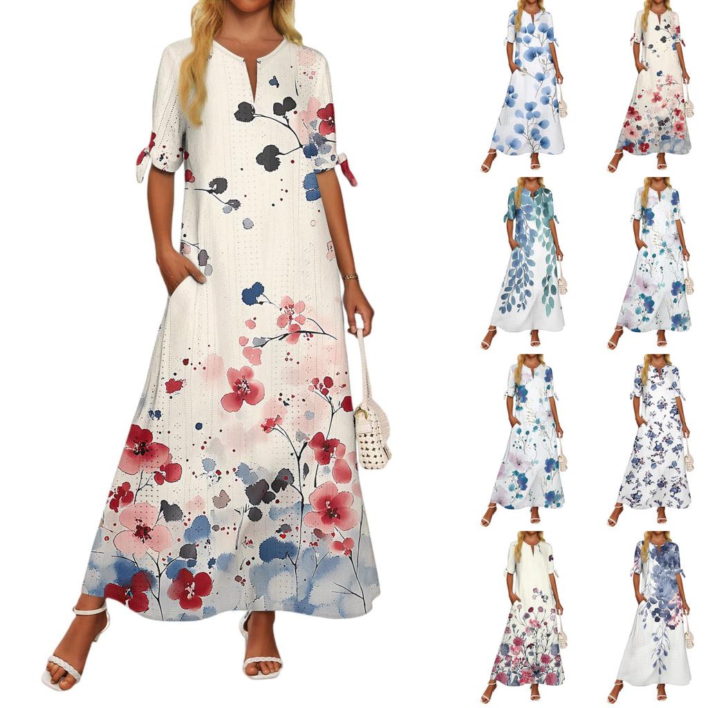Ladies Casual Fashion Temperament Elegant Waist Patchwork Floral Print Long Dress