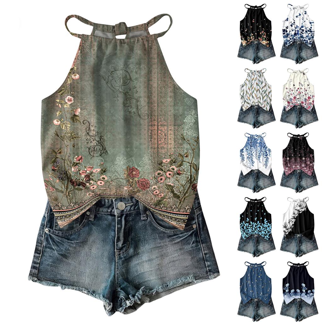 Women’s Sleeveless Bohemian Floral Print Neck Tank Top with Relaxed Fit and Lightweight Fabric for Daily Wear and Layering