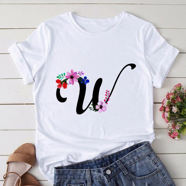 New Alphabet Print Women T Shirt Woman Harajuku Short Sleeve Tees Shirt Floral Letters T-Shirt Girl Summer Tee Top Femme Tshirt