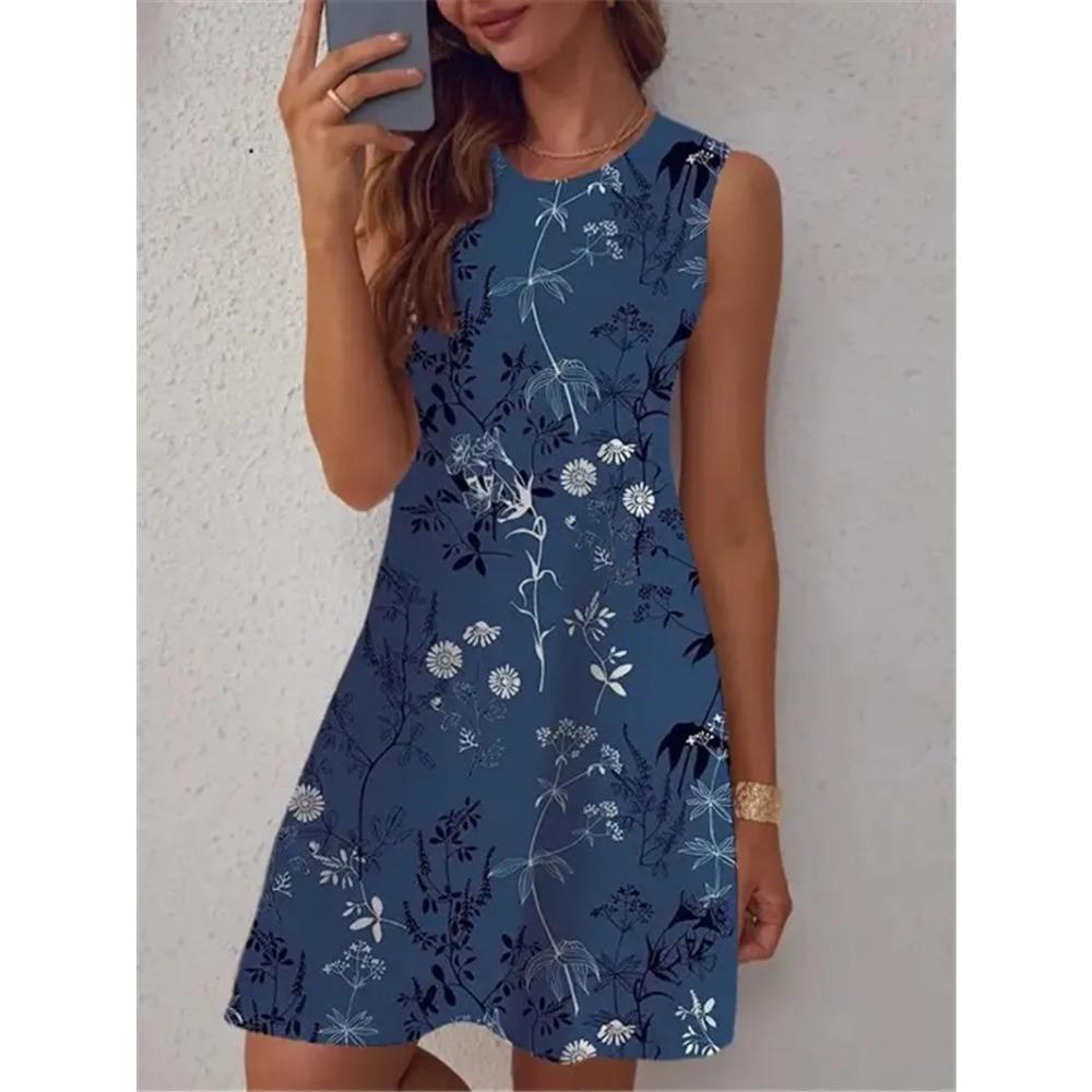Floral Pattern Women Trend Mini Dresses Summer Sleeveless 3d Printed Street Ladies Dress Casual Loose Oversized Dress