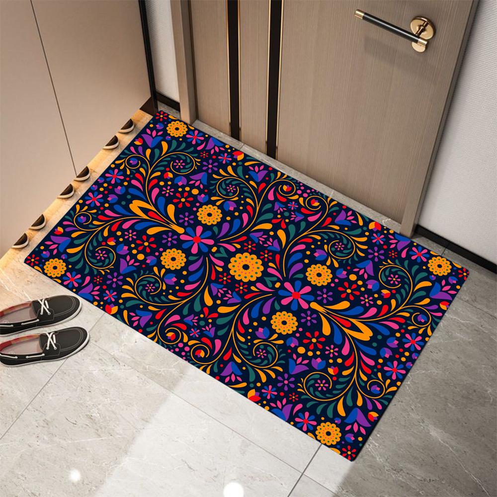 Mexican-style Flower Print Welcome Doormat Non-Slip Machine Washable Carpet for Living Room Bedroom Bathroom Kitchen Laundry Rug