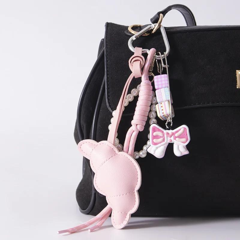 Cute Croissant Pendant Light Versatile High-quality Beaded Bag Accessory New Fashionable Simple Bow Shape Braided Rope Keychain