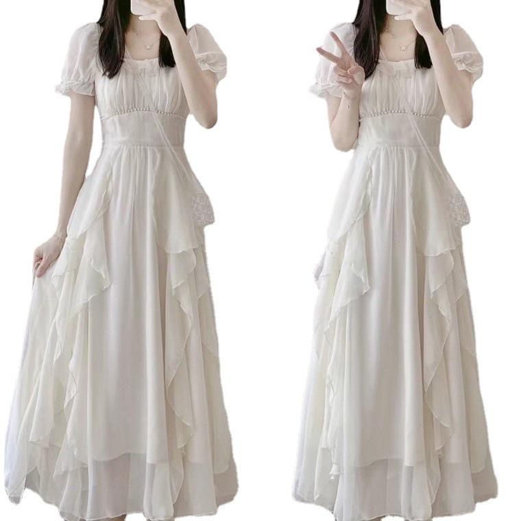 French square collar sweet and gentle fairy style dress women's summer new women's clothing waist thin medium and long skirt