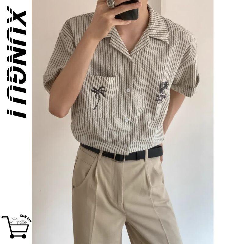 

Мужская вышитая полосатая рубашка с коротким рукавом, корейский стиль, воротник, повседневный свободный топ 3XL абрикосовый