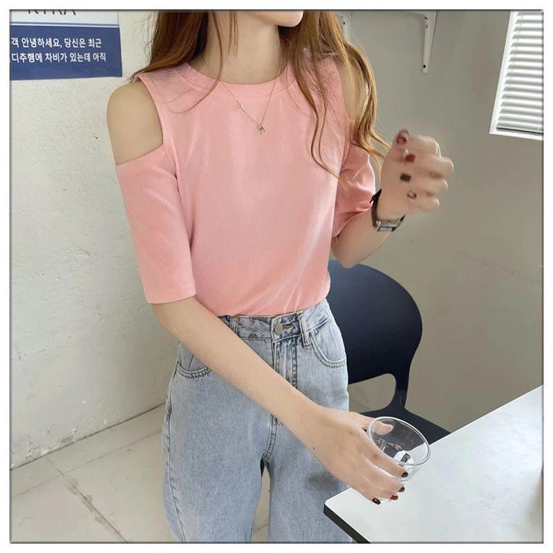 

Корейский шик, облегающая женская футболка с коротким рукавом и открытыми плечами One Size розовый