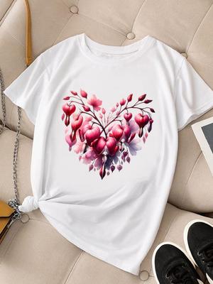 (Asian Size) Women Fashion Tee Top Flower Love Heart Clothing T Shirt Woman Print Female Short Sleeve Graphic T-shirts