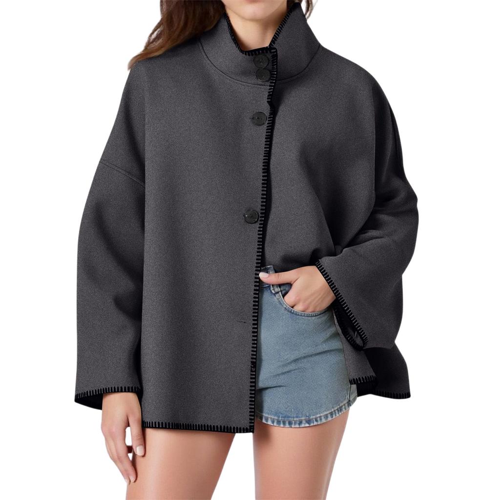 Women's Stand-up Collar Wool Coat, Loose Fit, Contrasting Stitching, Button Closure, Short Wool Blend Jacket With Pockets.