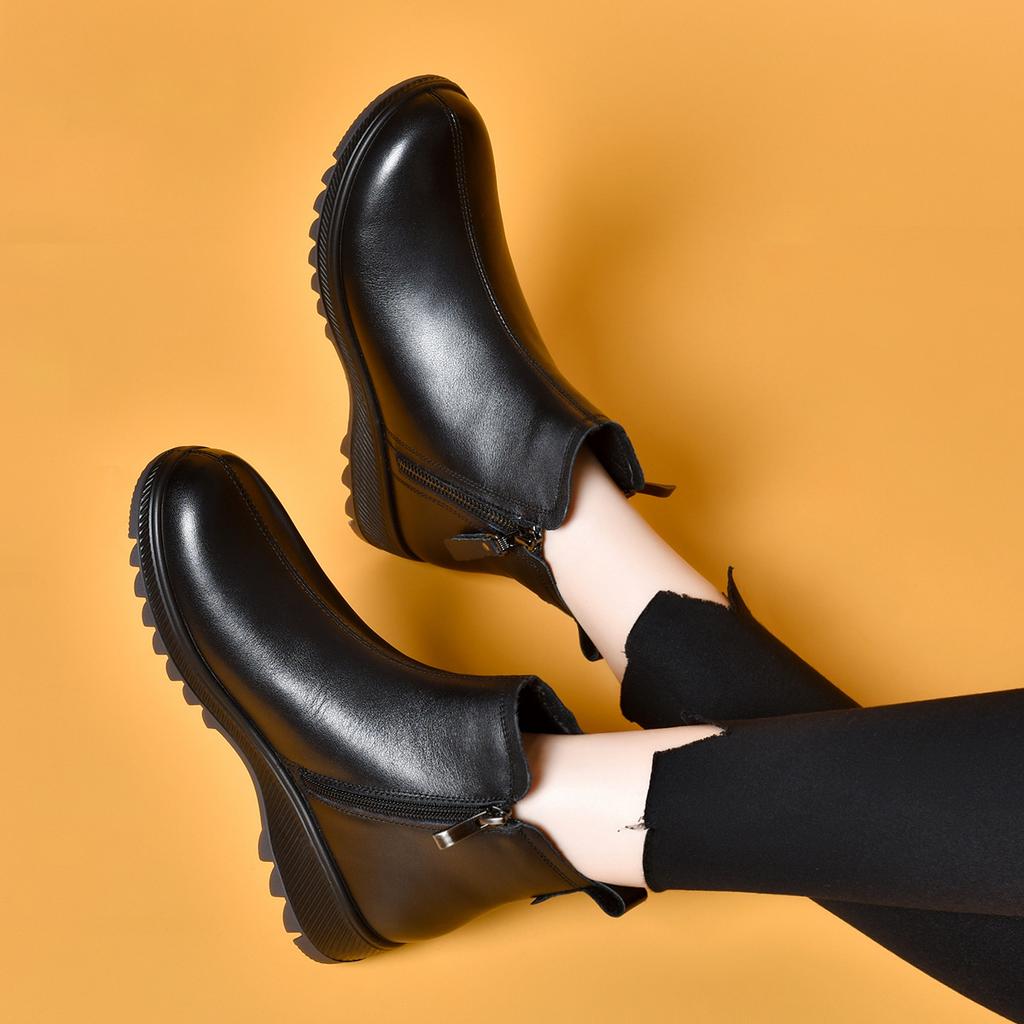 Short Boots Women's New Double Zipper Round Head Flat Bottom Women's Boots First Layer Cowhide Casual Cotton Boots